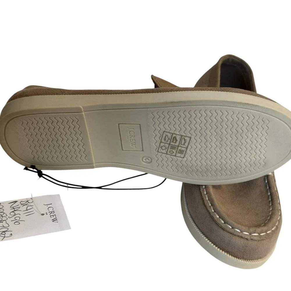 J‎ Crew Tan Faux Suede Moc Toe Loafers Contrast Stitch Slip On Flat Shoes Size 3
